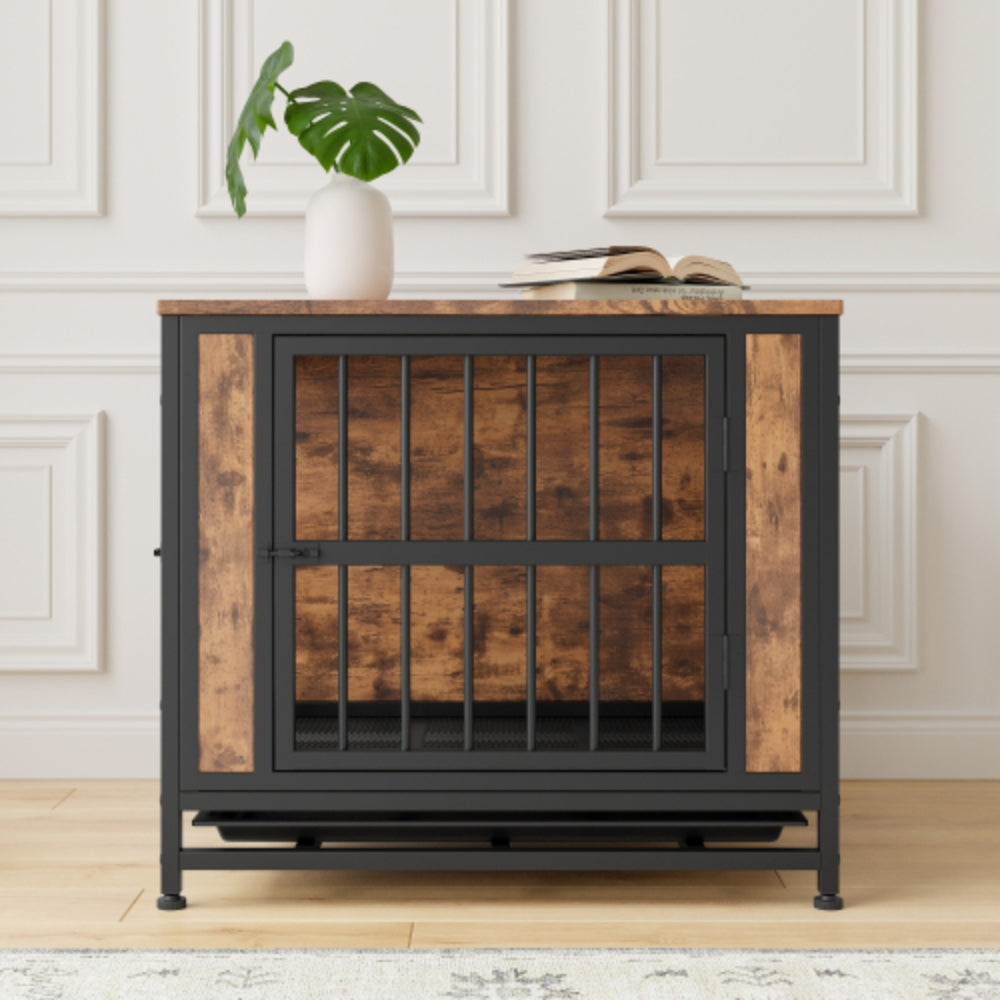 Stylish Rustic Brown Wooden Dog Crate Table with 2 Sliding Doors