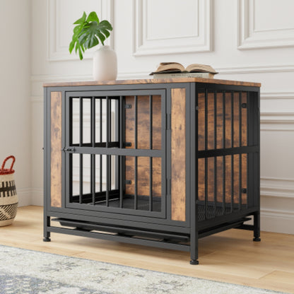 Stylish Rustic Brown Wooden Dog Crate Table with 2 Sliding Doors