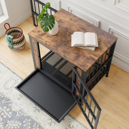 Stylish Rustic Brown Wooden Dog Crate Table with 2 Sliding Doors