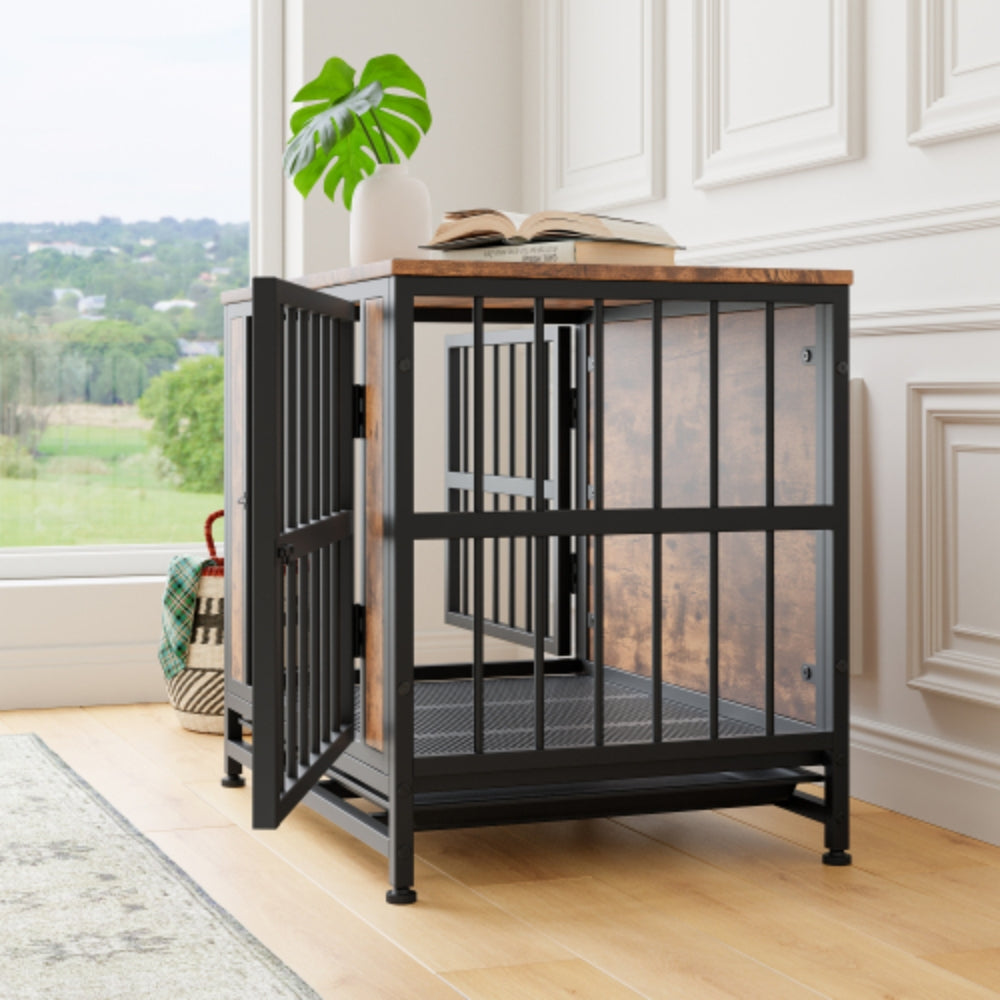 Stylish Rustic Brown Wooden Dog Crate Table with 2 Sliding Doors