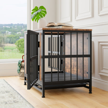 Stylish Rustic Brown Wooden Dog Crate Table with 2 Sliding Doors