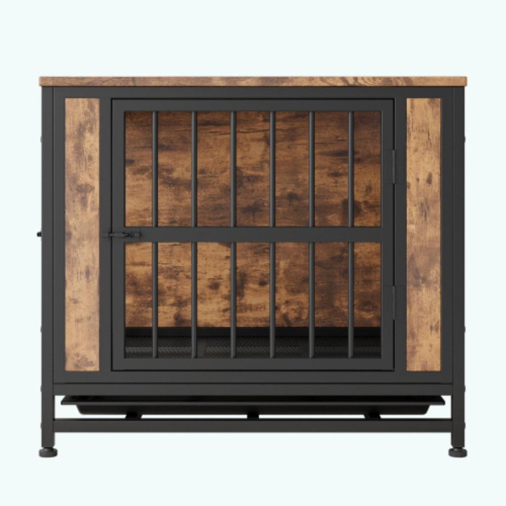 Stylish Rustic Brown Wooden Dog Crate Table with 2 Sliding Doors