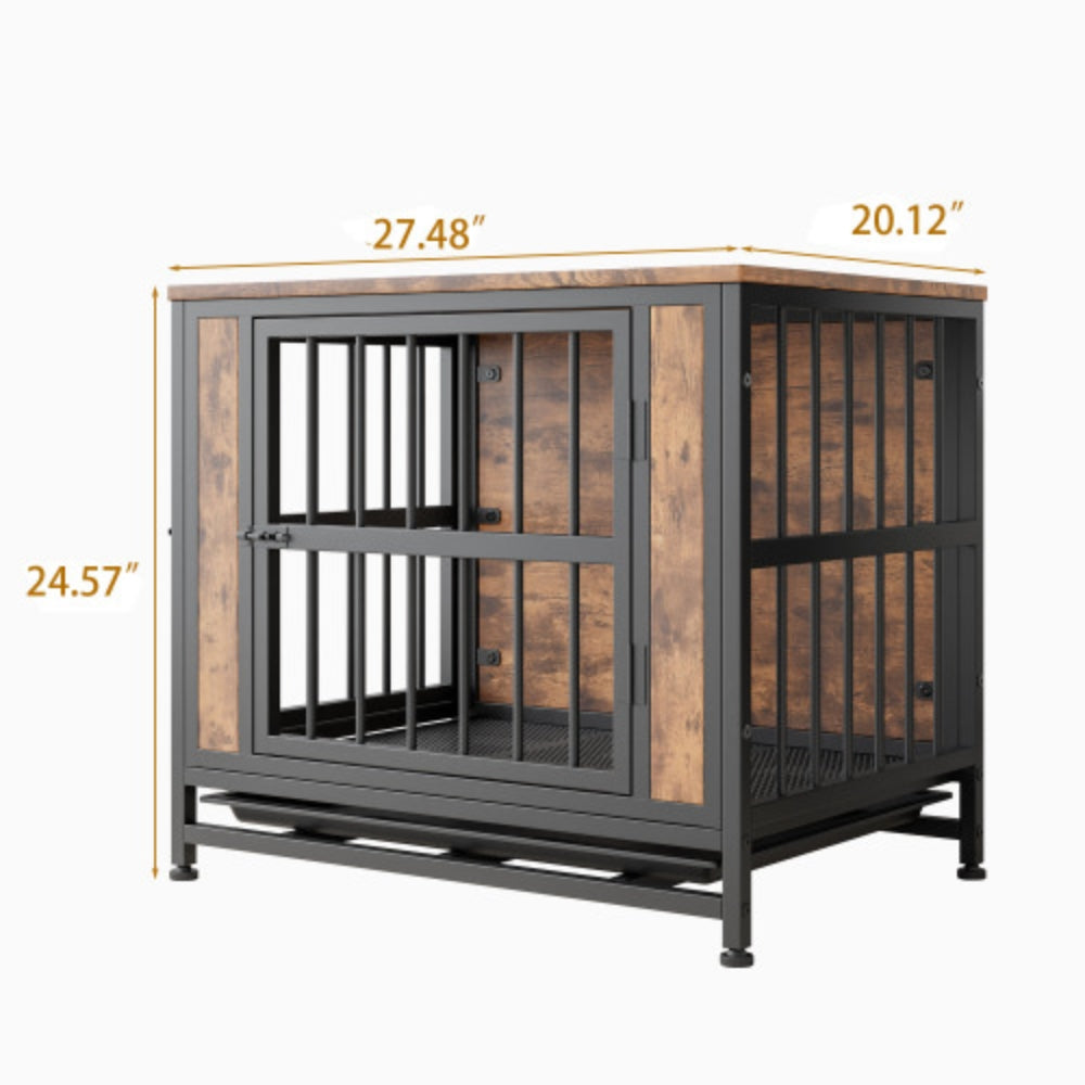 Stylish Rustic Brown Wooden Dog Crate Table with 2 Sliding Doors