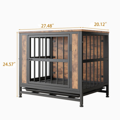 Stylish Rustic Brown Wooden Dog Crate Table with 2 Sliding Doors