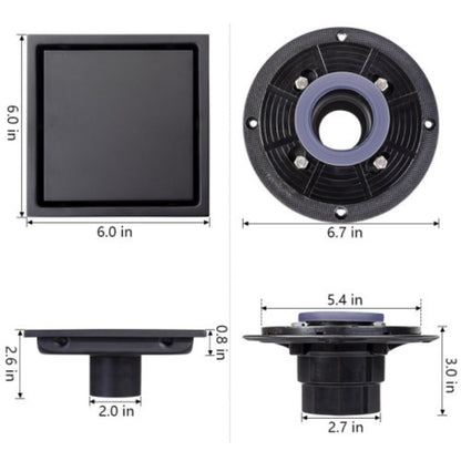 Matte Black 6-Inch Square Shower Floor Drain
