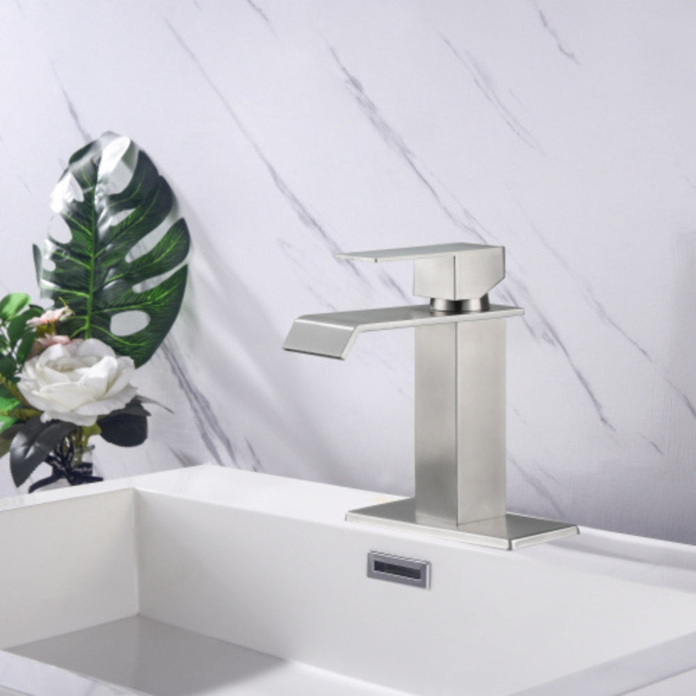 Brushed Nickel Handle Waterfall Spout Bathroom Faucet