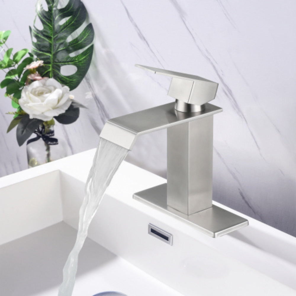 Brushed Nickel Handle Waterfall Spout Bathroom Faucet