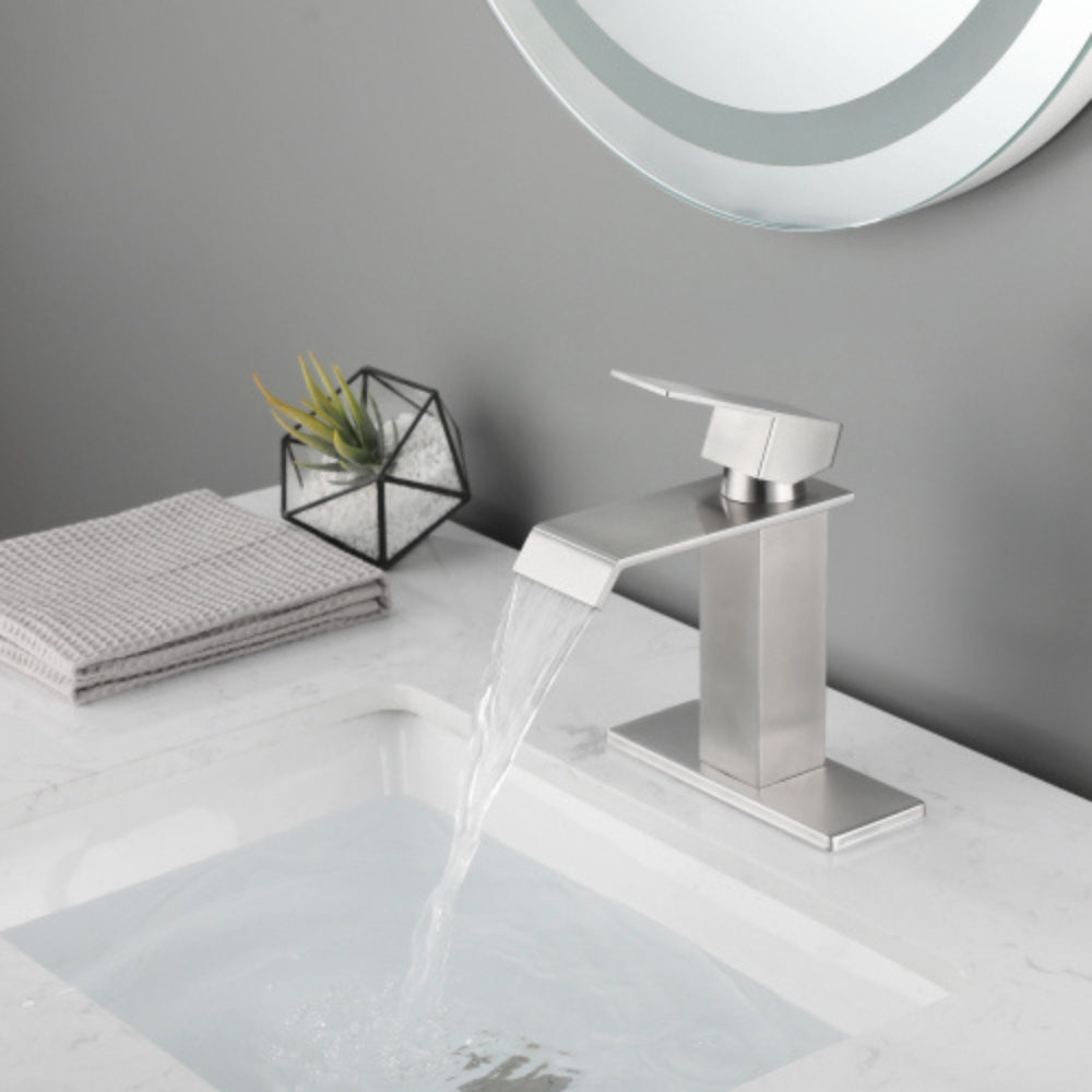 Brushed Nickel Handle Waterfall Spout Bathroom Faucet
