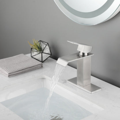 Brushed Nickel Handle Waterfall Spout Bathroom Faucet
