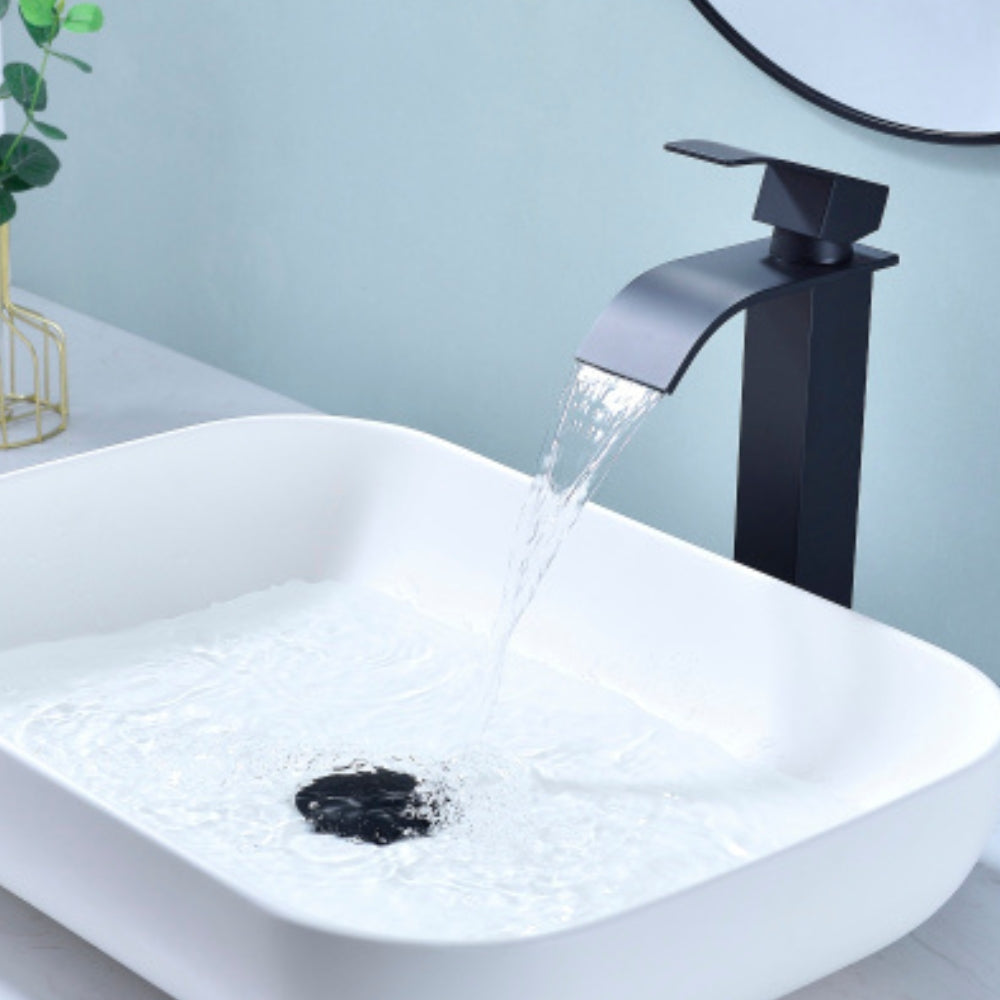 Matte Black Handle Waterfall Spout Bathroom Faucet