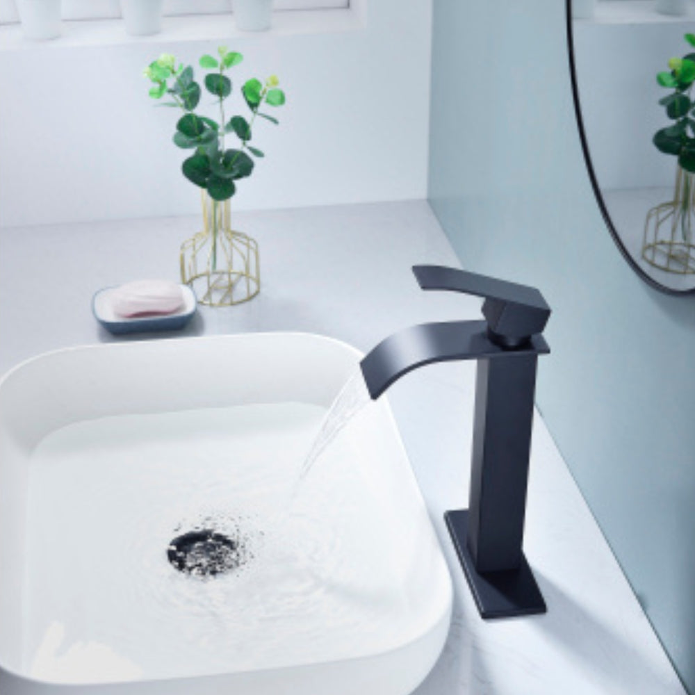 Matte Black Handle Waterfall Spout Bathroom Faucet