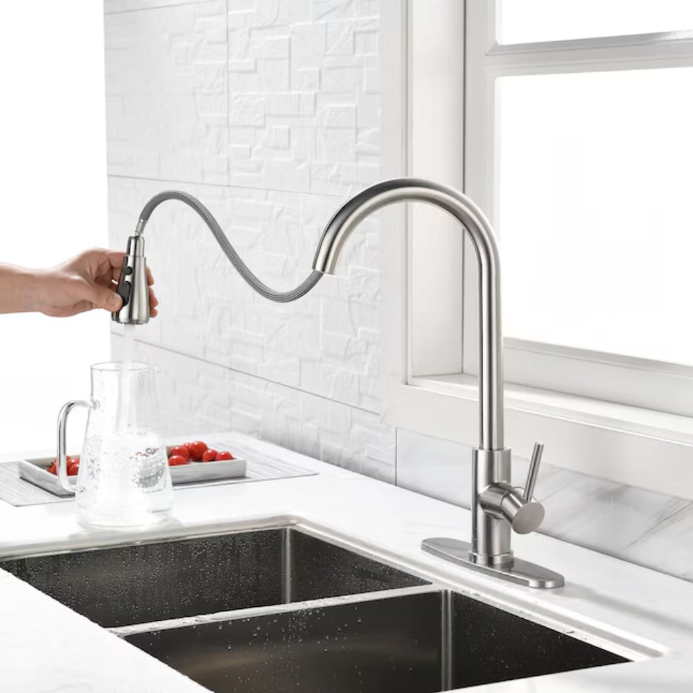 Single Handle High Arc Brushed Nickel Pull Out Kitchen Faucet