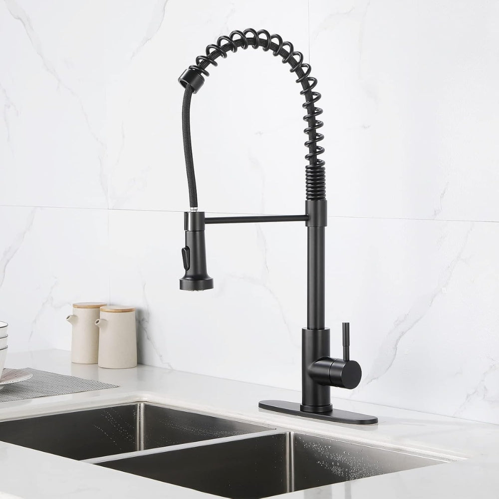 Commercial Spring Kitchen Faucets in Matte Black with Pull-Out Sprayer