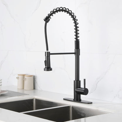 Commercial Spring Kitchen Faucets in Matte Black with Pull-Out Sprayer