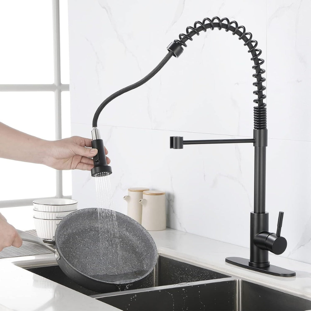 Commercial Spring Kitchen Faucets in Matte Black with Pull-Out Sprayer