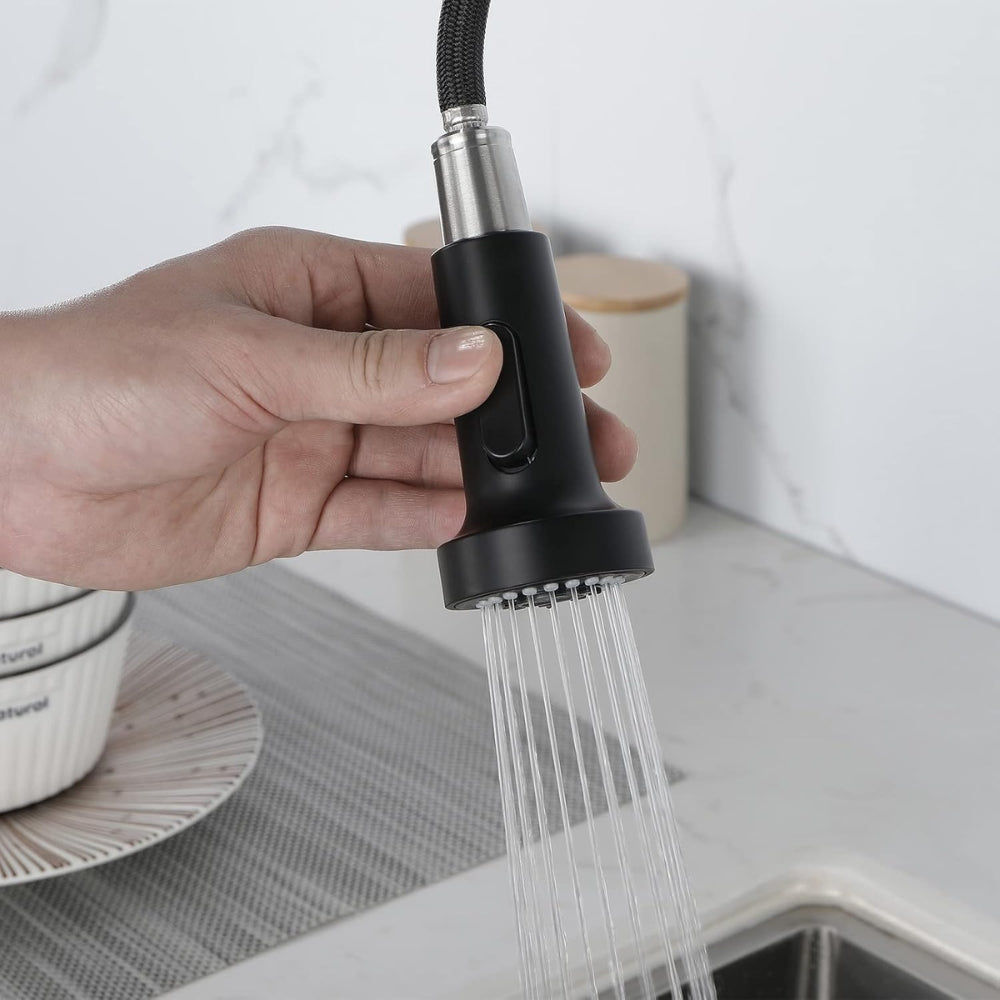 Commercial Spring Kitchen Faucets in Matte Black with Pull-Out Sprayer