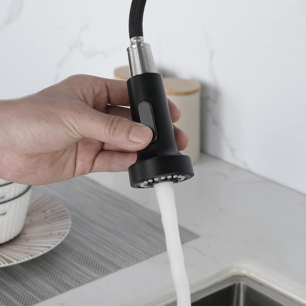 Commercial Spring Kitchen Faucets in Matte Black with Pull-Out Sprayer