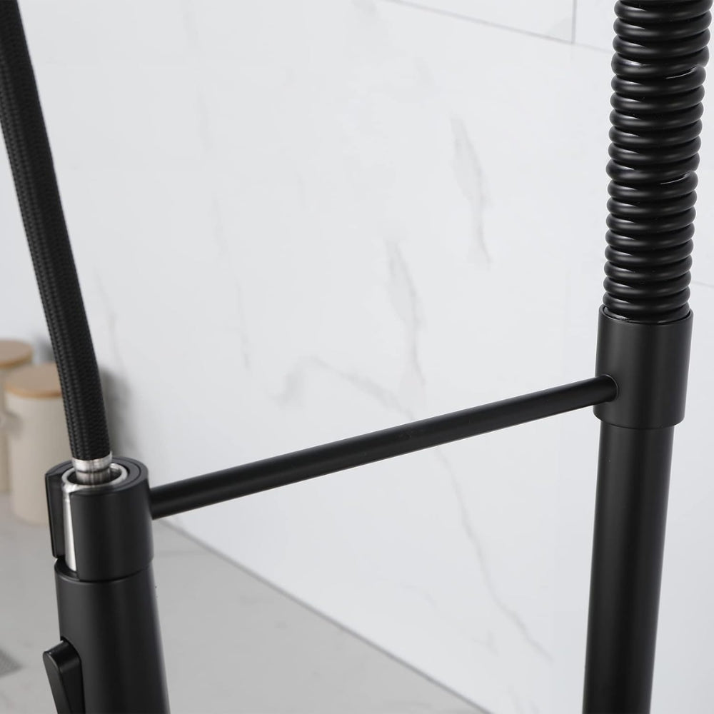 Commercial Spring Kitchen Faucets in Matte Black with Pull-Out Sprayer