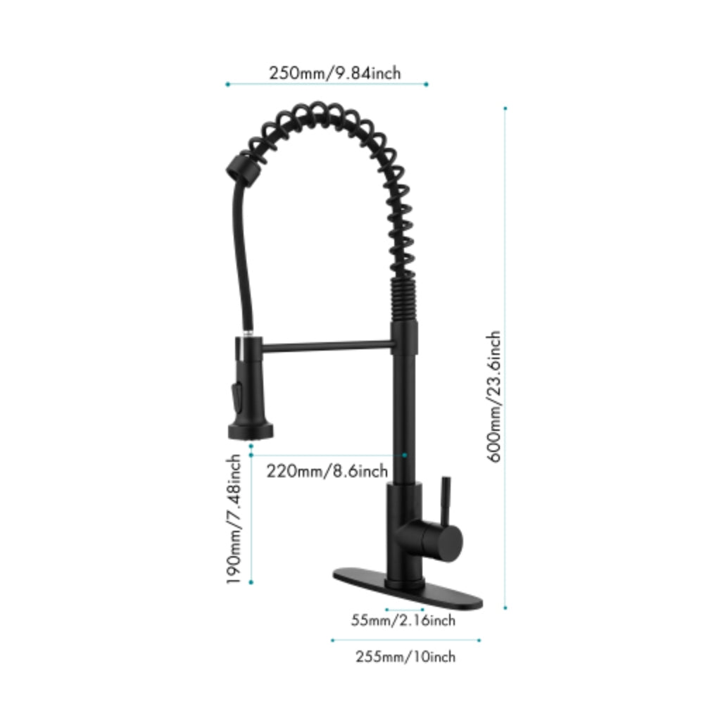 Commercial Spring Kitchen Faucets in Matte Black with Pull-Out Sprayer