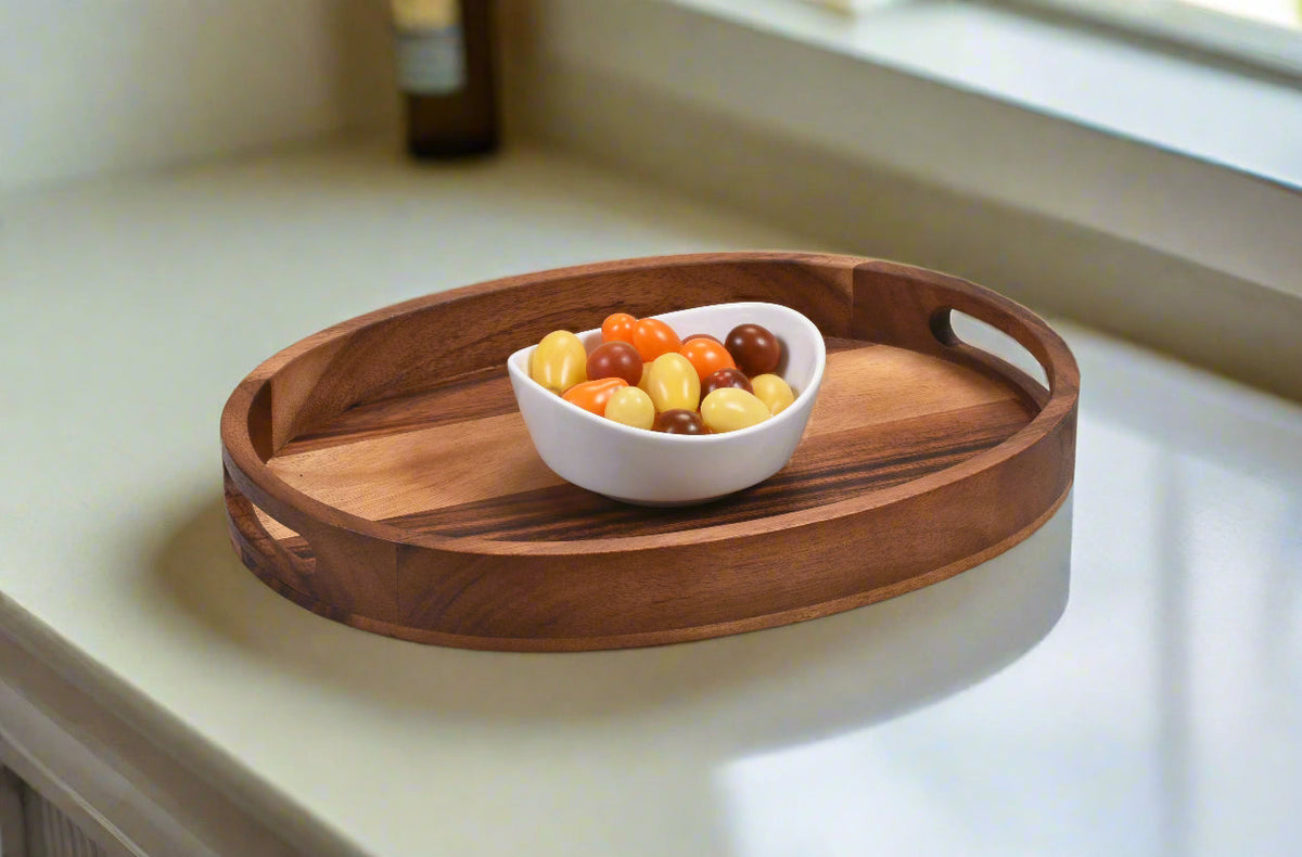 Oval Serving Tray, Medium 15" x 11" - Kalmar Home acacia wood serving tray