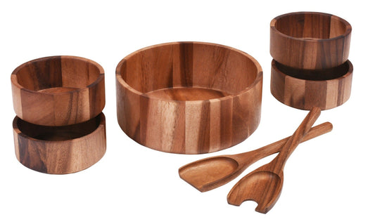 Large Salad Bowl & Servers + 4 Bowls - 327B7 - Kalmar Home acacia wood serving bowl