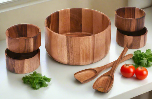 XL Salad Bowl & Servers + 4 Bowls - 327C7 - Kalmar Home acacia wood serving bowl