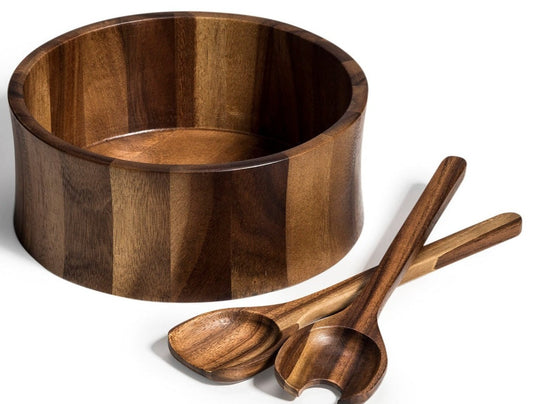 Large Salad Bowl & Servers - 328B3 - Kalmar Home acacia wood serving bowl