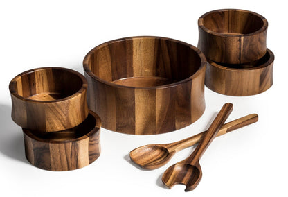 Large Salad Bowl & Servers + 4 Bowls - 328B7 - Kalmar Home acacia wood serving bowl