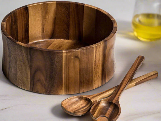 XL Salad Bowl & Servers - 328C3 - Kalmar Home acacia wood serving bowl