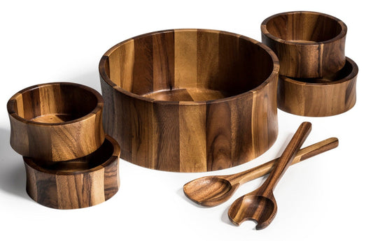 XL Salad Bowl & Servers + 4 Bowls - 328C7 - Kalmar Home acacia wood serving bowl