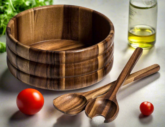 Large Salad Bowl & Servers - 330B3 - Kalmar Home acacia wood serving bowl