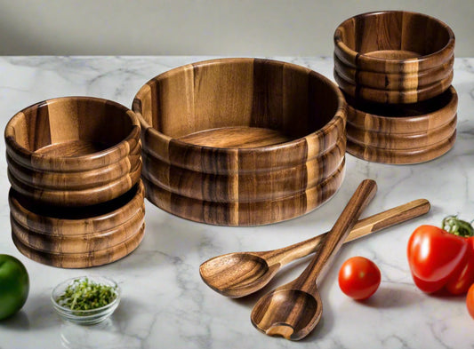 Large Salad Bowl & Servers + 4 Bowls - 330B7 - Kalmar Home acacia wood serving bowl