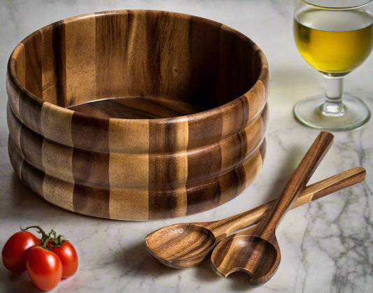 XL Salad Bowl & Servers - 330C3 - Kalmar Home acacia wood serving bowl