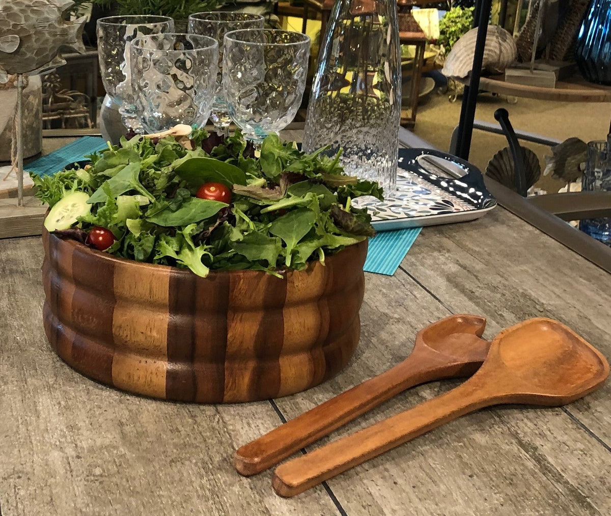 XL Salad Bowl & Servers - 330C3 - Kalmar Home acacia wood serving bowl, view 2