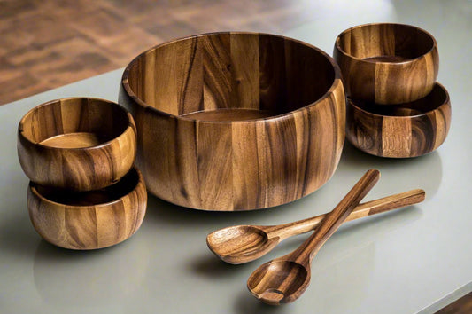 XL Salad Bowl & Servers + 4 Bowls - 332C7 - Kalmar Home acacia wood serving bowl