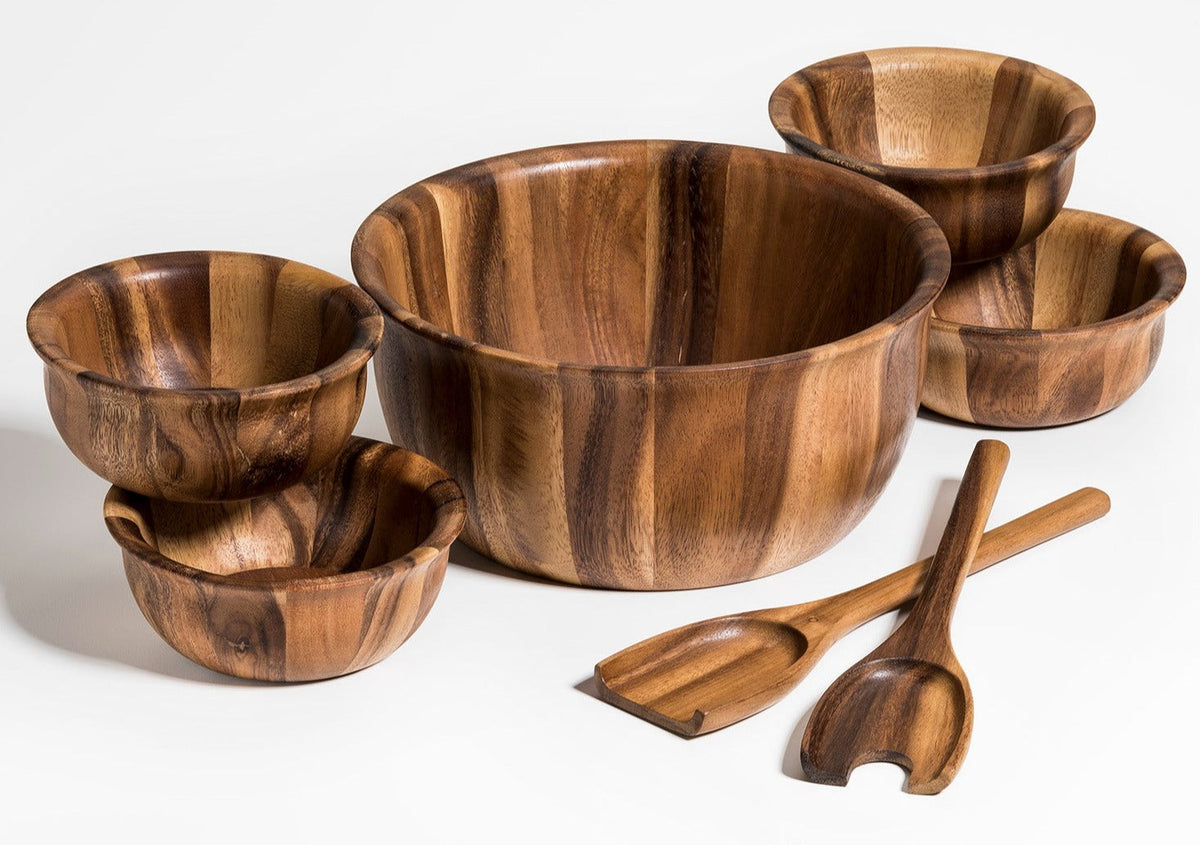 Large Salad Bowl & Servers + 4 Bowls - 335B7 - Kalmar Home acacia wood serving bowl