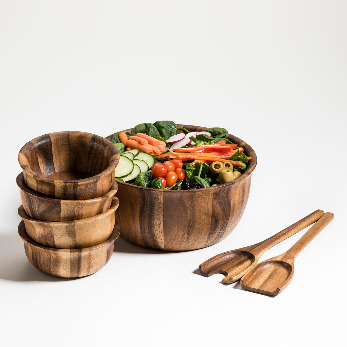 Large Salad Bowl & Servers + 4 Bowls - 335B7 - Kalmar Home acacia wood serving bowl, view 2