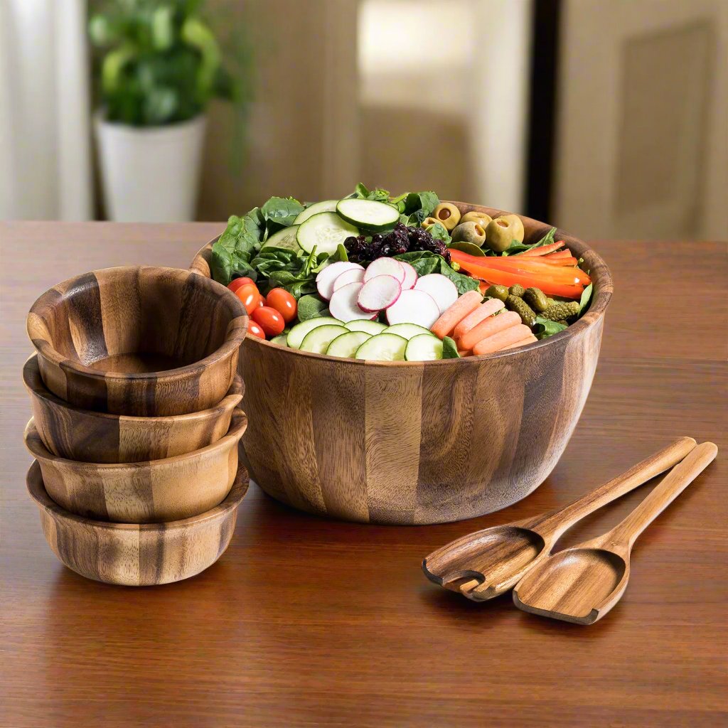 XL Salad Bowl & Servers + 4 Bowls - 335C7 - Kalmar Home acacia wood serving bowl