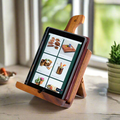 Cookbook/Tablet Holder - Kalmar Home acacia wood kitchen organizer, view 2