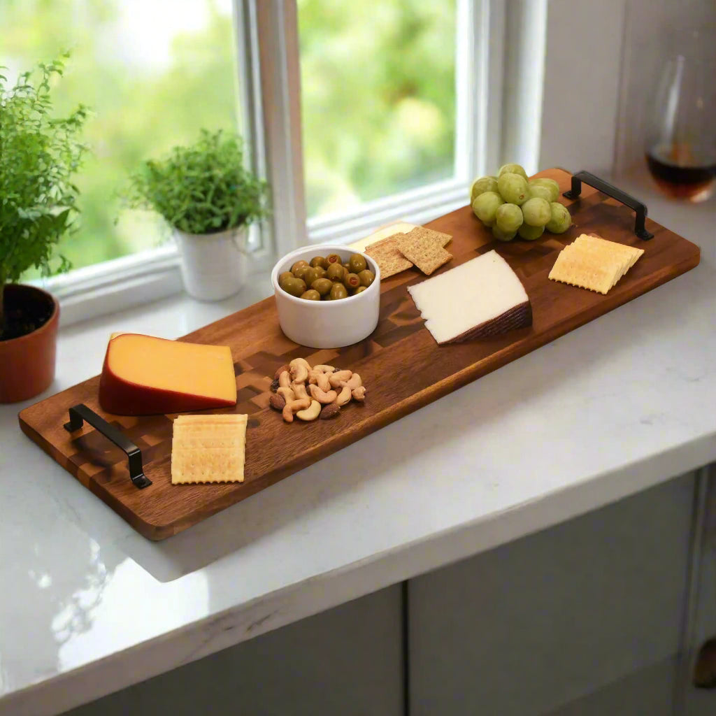 Acacia Serving Trays with Metal Handles, Extra Long - Kalmar Home acacia wood serving tray