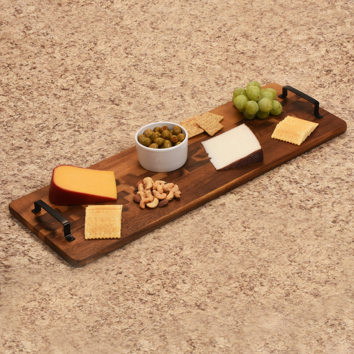 Acacia Serving Trays with Metal Handles - Kalmar Home acacia wood serving tray, view 4