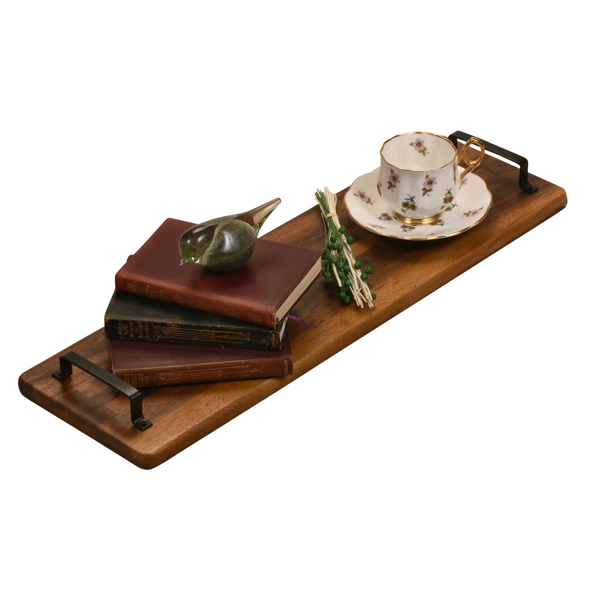 Acacia Serving Trays with Metal Handles - Kalmar Home acacia wood serving tray, view 3