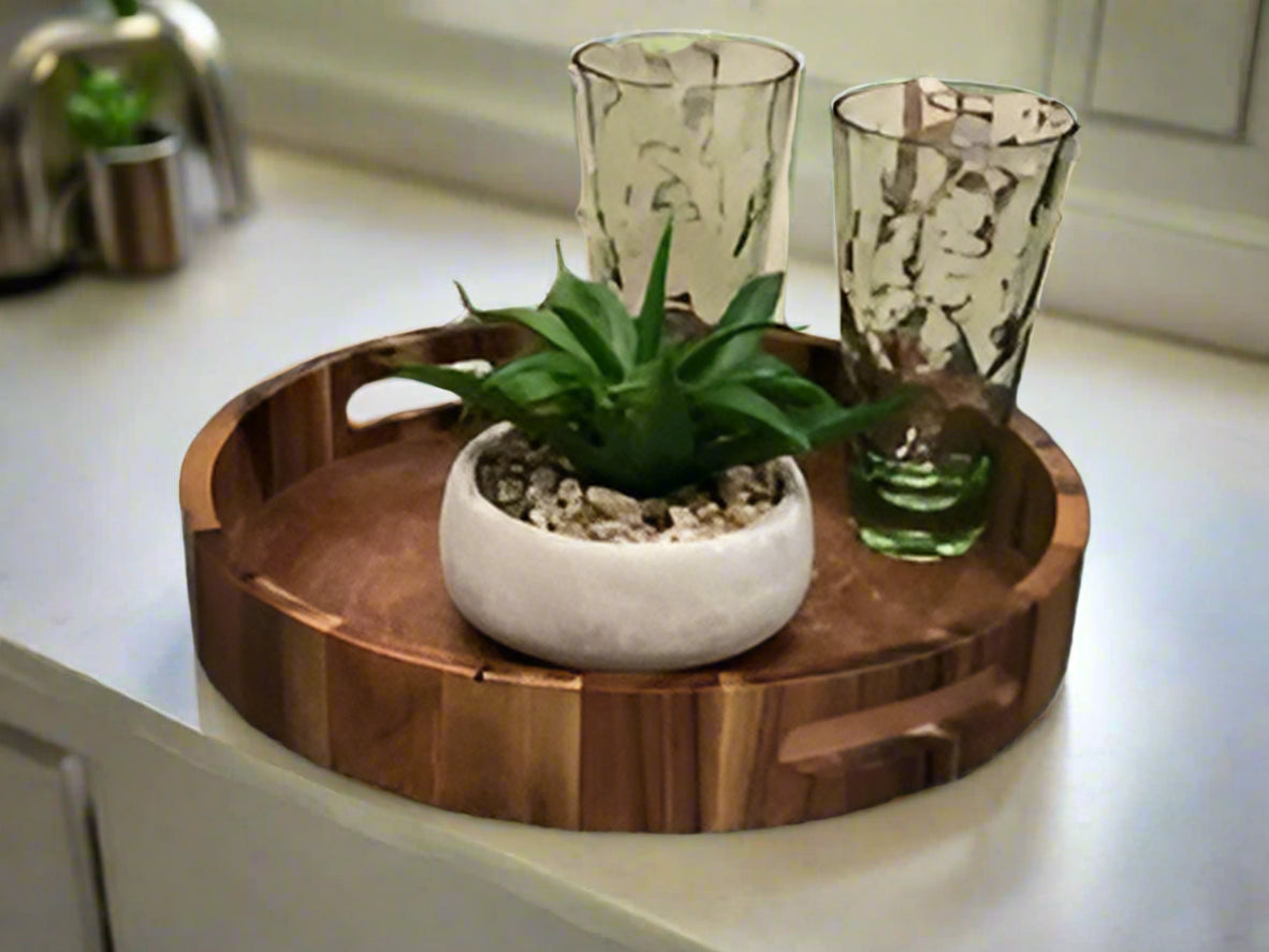Round Serving Tray - Kalmar Home acacia wood serving tray, view 2