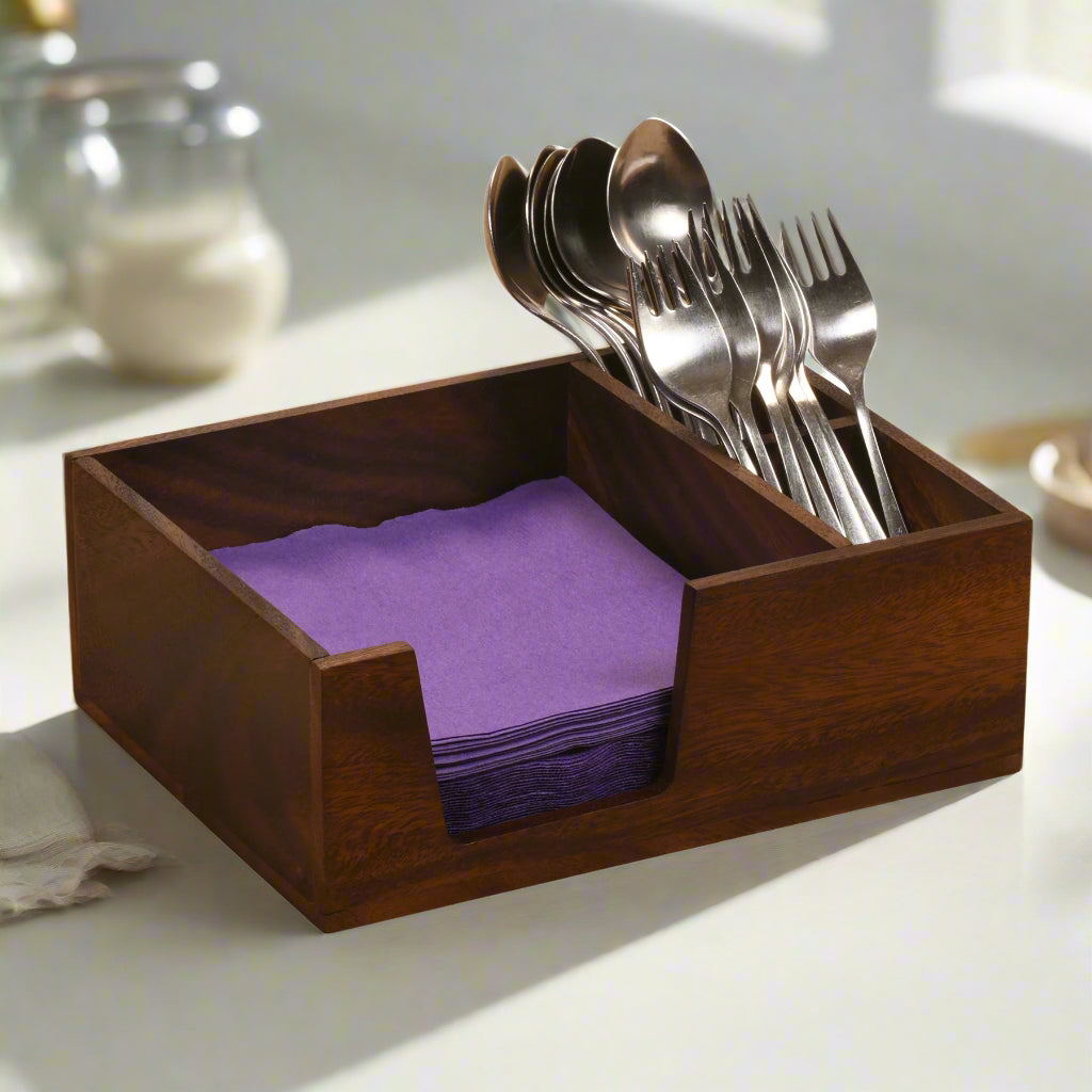 Flatware & Napkin Holders, Small - 2 compartment - Kalmar Home acacia wood kitchen utensil holder