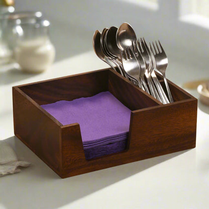 Flatware & Napkin Holders, Small - 2 compartment - Kalmar Home acacia wood kitchen utensil holder