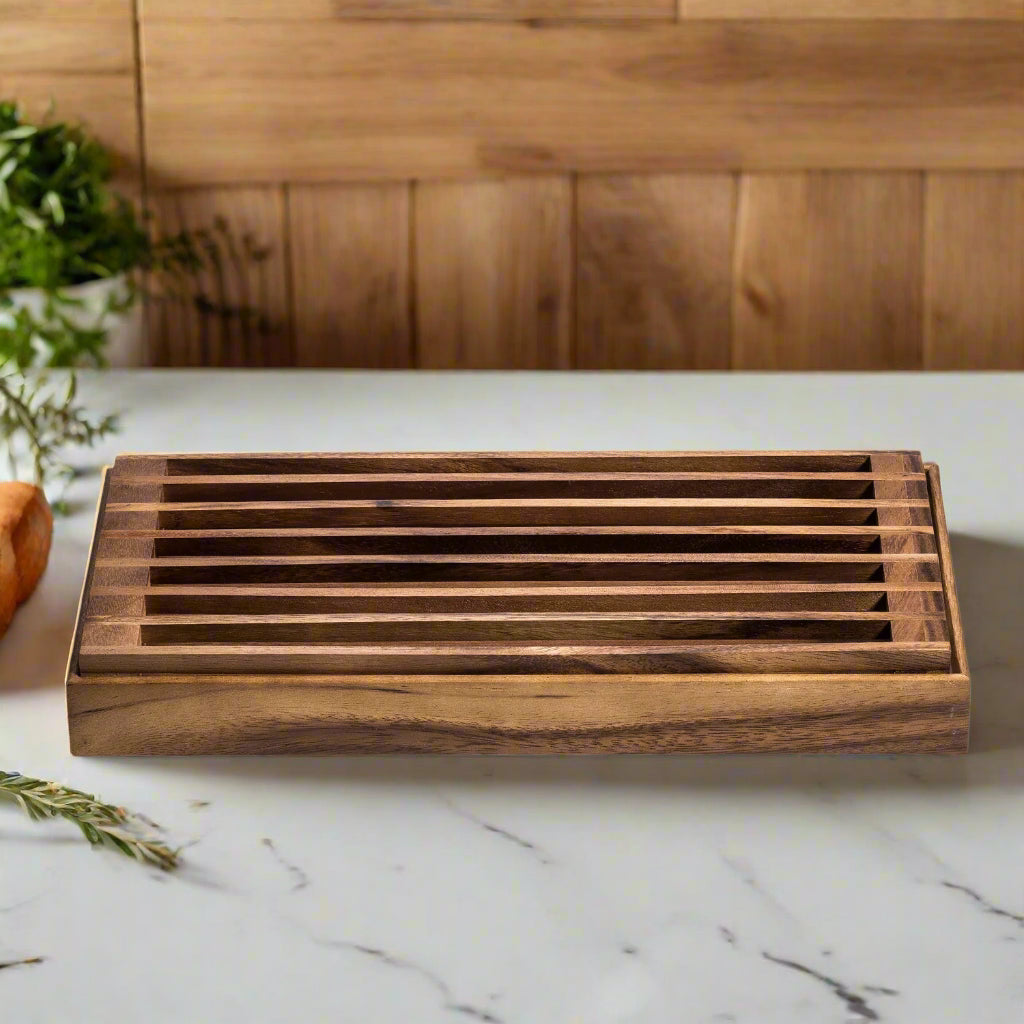 Three-in-One Tray, Trivet and Bread Crumb Catcher - Kalmar Home acacia wood serving tray