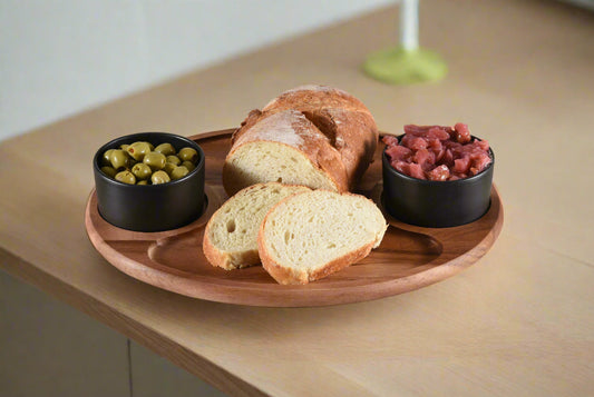Charcuterie / Serving Tray w/ 2 Ceramic Bowls w/ Lids, black - Kalmar Home acacia wood serving platter
