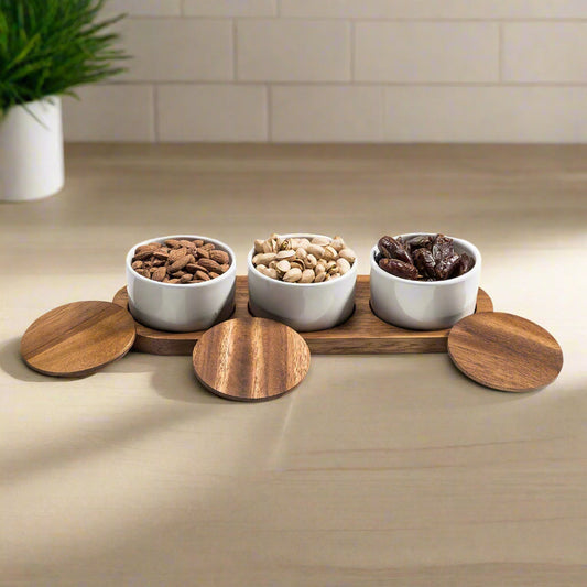 Ceramic Condiment Set on Acacia Wood Base - Kalmar Home acacia wood condiment shaker