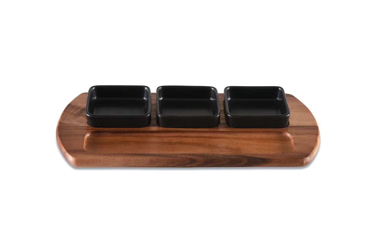 Charcuterie / Serving Tray w/ 3 Square Ceramic Bowls - Kalmar Home acacia wood serving platter, view 3
