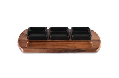 Charcuterie / Serving Tray w/ 3 Square Ceramic Bowls - Kalmar Home acacia wood serving platter, view 3